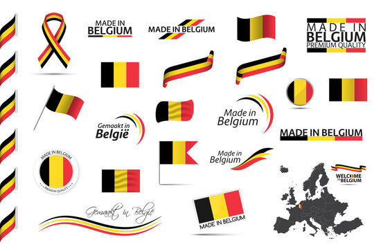 Big vector set of Belgian ribbons, symbols, icons and flags isolated on a white background. Made in Belgium, premium quality, Belgian national tricolor. Set for your infographics and templates