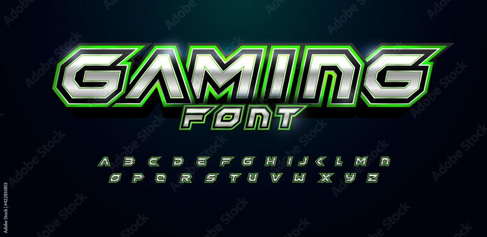 Aufkleber Modern futuristic font for video game logo and headline. Bold letters with sharp angles and green outline. Tilted sharp font on black background. Vector typography design with metal texture