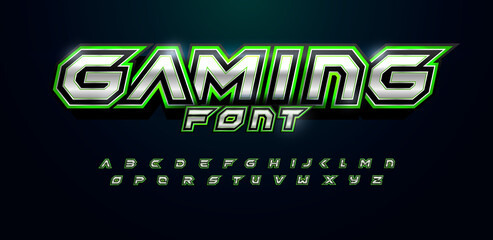 Modern futuristic font for video game logo and headline. Bold letters with sharp angles and green outline. Tilted sharp font on black background. Vector typography design with metal texture © artyway