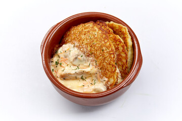 potato pancakes with meat and mushrooms