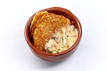 potato pancakes with meat and mushrooms