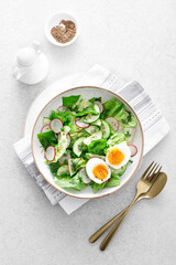 Salad with radish, cucumber, romaine lettuce, greens and boiled egg. Breakfast. Healthy and detox food concept.