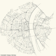 Black simple detailed street roads map on vintage beige background of the quarter Innenstadt district of Cologne, Germany