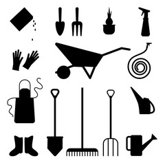 Set of various gardening items. Gardening icon. Watering can, apron, shovel, wheelbarrow, dig, gloves, boots, rake, watering hose.