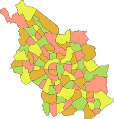 Simple pastel vector map with black borders of district city parts of Cologne, Germany
