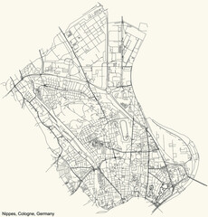 Fototapeta na wymiar Black simple detailed street roads map on vintage beige background of the quarter Nippes district of Cologne, Germany
