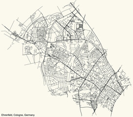 Fototapeta na wymiar Black simple detailed street roads map on vintage beige background of the quarter Ehrenfeld district of Cologne, Germany