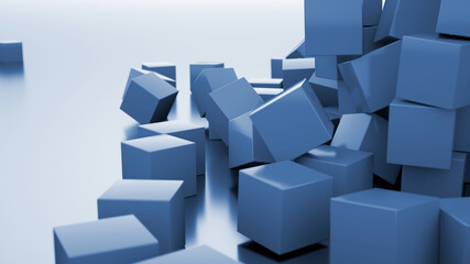 Abstract 3d rendering of chaotic cubes. A poster with random cubes in an empty space. Business concept. Futuristic background. Many flying cubes on a white background.  3d render illustration.