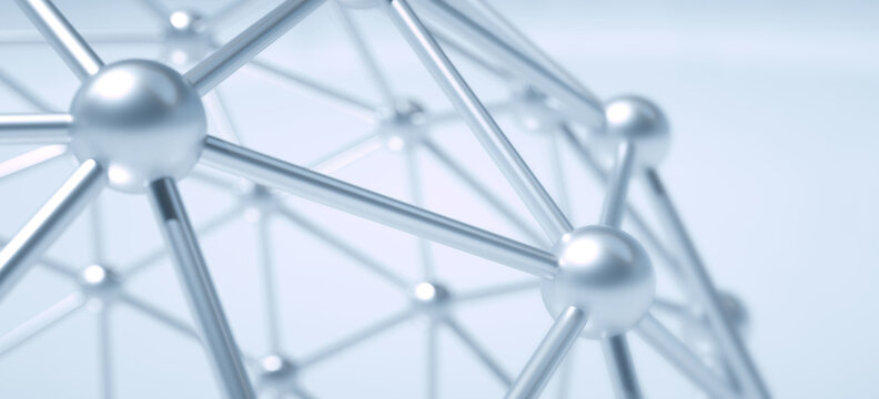 Atom Spheres Array made of shiny metal spheres. Science and technology background. Grid of linked spheres. Nano sphere with hexagon grid - nanotechnology graphene molecule. 3D illustration