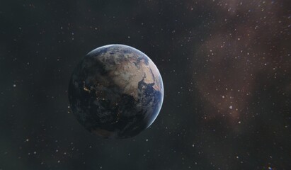 cgi render image of earth in space, some particles in the universe, day and night scene