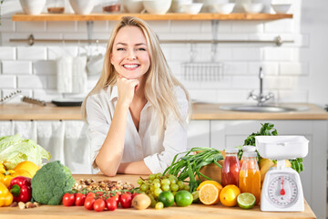 Woman and table with healthy food selection. Detox and clean diet. Foods high in vitamins, minerals and antioxidants