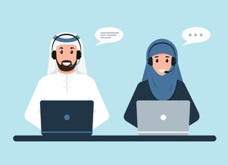 Arab man and woman with headphones and computers.