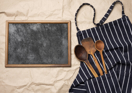 Blank Square Wood Frame And Blue Chef Apron