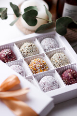 homemade healthy raw energy sweet balls on the white background