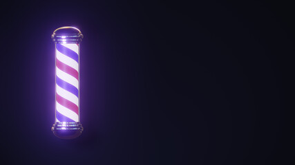 Rotating barbershop pole with shiny caps glowing isolated on a dark background; 3d rendering 4k footage. Barbershop business advertising with copy space blocks. Isolated spiral pole. 