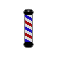 Rotating barbershop pole with shiny caps glowing isolated on a dark background; 3d rendering 4k footage. Barbershop business advertising with copy space blocks. Isolated spiral pole. 