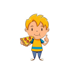 Kid eating pizza showing thumbs up