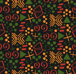 Tribal African ethnic seamless pattern with simple lines and figures in red, yellow and green. Vector traditional black background, textile, paper, fabric. Kwanzaa, Black history month, Juneteenth