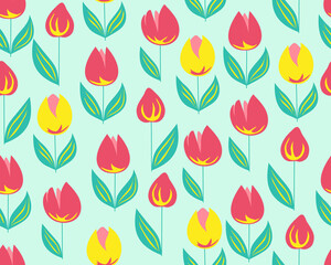 Fototapeta na wymiar Tulips spring summer floral Seamless Pattern Floral natural universal pattern Pink scarlet yellow tulip on a light mint background pastel shades Vector illustration