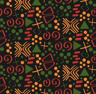 Tribal African ethnic seamless pattern with simple lines and figures in red, yellow and green. Vector traditional black background, textile, paper, fabric. Kwanzaa, Black history month, Juneteenth