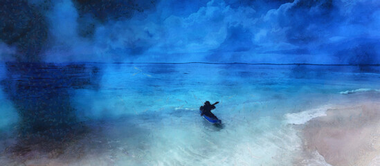 A man floats on the sea in a boat. Mystical fog over the water. Artistic work on the theme of sea travel