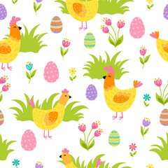 Easter seamless pattern with chickens, grass, eggs and flowers on white background. Vector illustration.