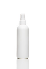 White antiseptic bottle spray. Cosmetic plastic bottle with transparent cap. Blank mockup bottle isolated on white background with copy space.