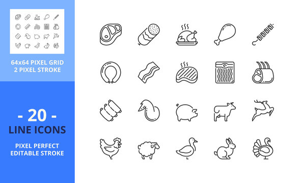 Line icons about meat. Pixel perfect 64x64 and editable stroke