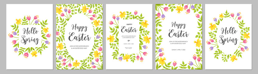 Happy Easter cards set with flowers tulips, narcissus and leaves. Floral spring frames, borders with place for text. Vector illustration. - obrazy, fototapety, plakaty