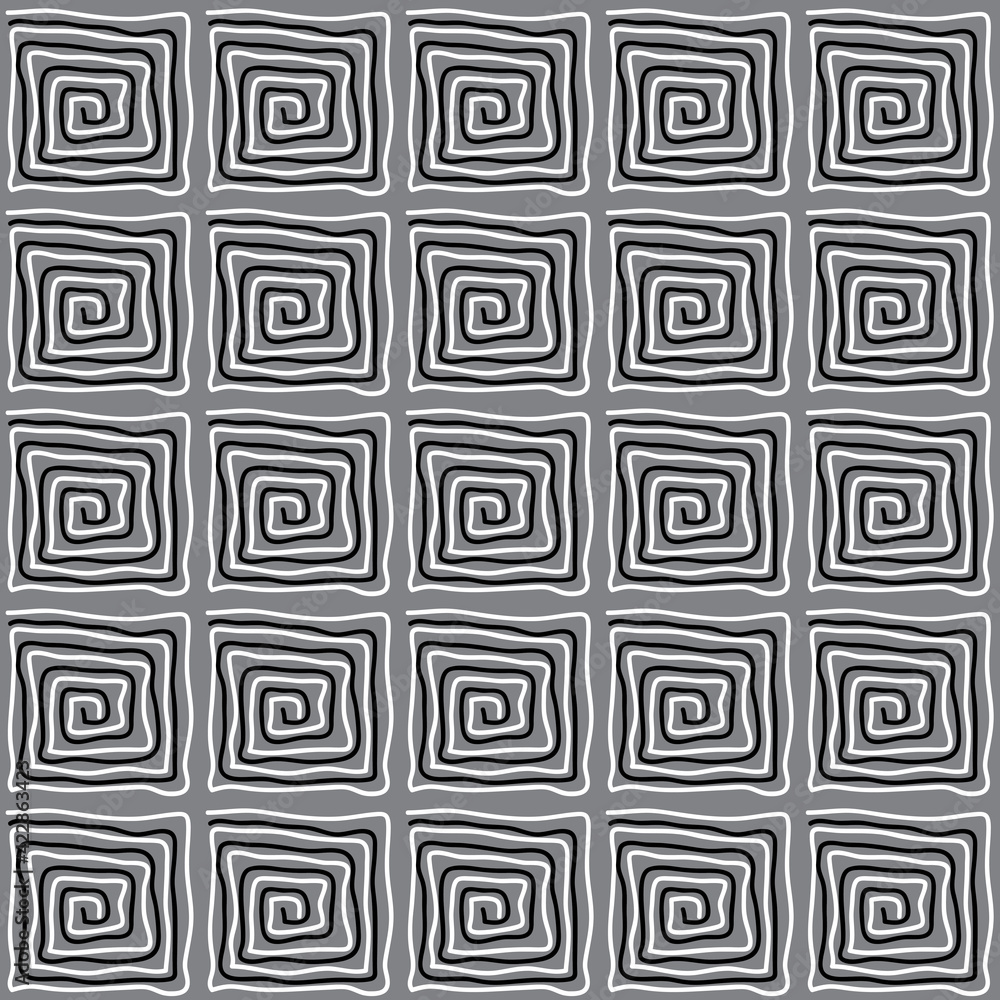 Poster abstract of spiral square pattern. design lines black on grey background. design print for illustrat