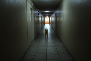 Creepy and scary looking hallway in an abandoned apartment building. A caution wet floor sign is...