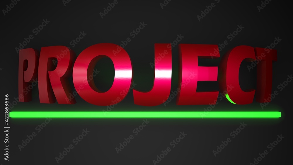 Poster project red metallic write on black background with green led bar light - 3d rendering illustration