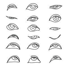 Drawing a continuous line. Eyes on white isolated background. Linear style. Set 9 eyes.