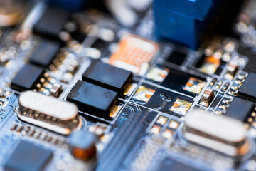 PC Motherboard with Chips, Transistors and Microprocessors