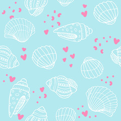 Vector seamless pattern with hand drawn scallop seashells, sea elements and stars. Beautiful marine design, perfect for prints and patterns, textile, fabric, children background