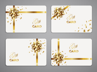 Naklejka premium White gift cards with golden bow and confetti. Greeting card templates set. Vector illustration.