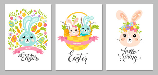 Obraz premium Happy Easter and Hello Spring cards with cute rabbits, floral elements and typographic design. Greeting templates and invitations. Vector illustration.