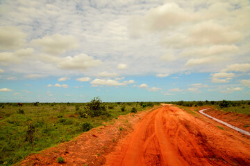 .beautiful savannah views, red clay roads, African landscapes with animals in Kenya