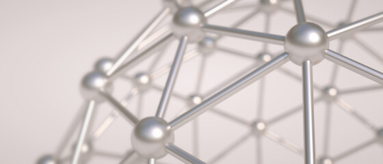 Atom Spheres Array made of shiny metal spheres. Science and technology background. Grid of linked spheres. Nano sphere with hexagon grid - nanotechnology graphene molecule. 3D illustration