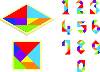 Fototapeta na wymiar 3D tangram board and set of tangram numbers