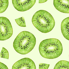 Seamless pattern with watercolor kiwi fruit slices