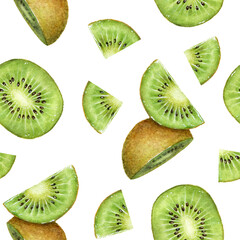 Seamless pattern with watercolor kiwi fruit slices - obrazy, fototapety, plakaty