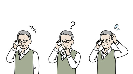 電話する　年配の男性　シニア　高齢者　電話　通話　バリエーション　セット　イラスト素材