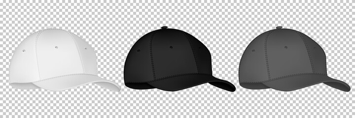 Front view set of realistic black, white and gray baseball cap or hat. Mockup and blank template of baseball cap. Isolated vector illustrations set. Design template, vector eps10 illustration.