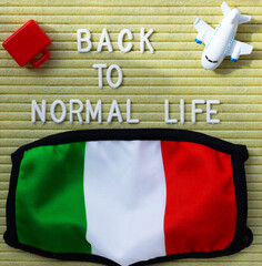 Words BACK TO NORMAL LIFE and a mask with Italian flag. Closeup