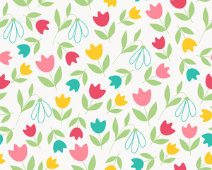 Obraz na płótnie Canvas Tulips and Snowdrops spring summer floral Seamless Pattern Floral natural universal pattern Pink scarlet yellow tulip on white background pastel doodle Vector illustration