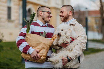 Gay couple walking home after grocery shopping with dog