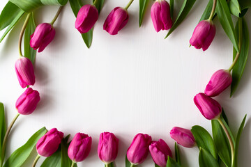 Beautiful frame of fresh pink tulips on a white wooden background. Empty place