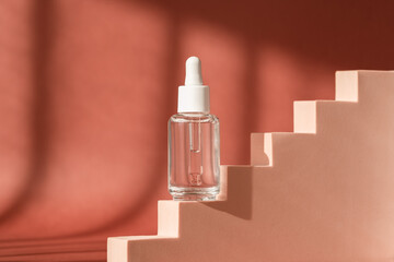 Serum skincare glass bottle, hyaluronic acid on brown podium pedestal, art deco. Serum product...