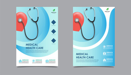 Medical health care flyer brochure template design, flyer template of medical care with white background for text in A4 size, space for picture and blue wavy lines decoration. vector illustration 